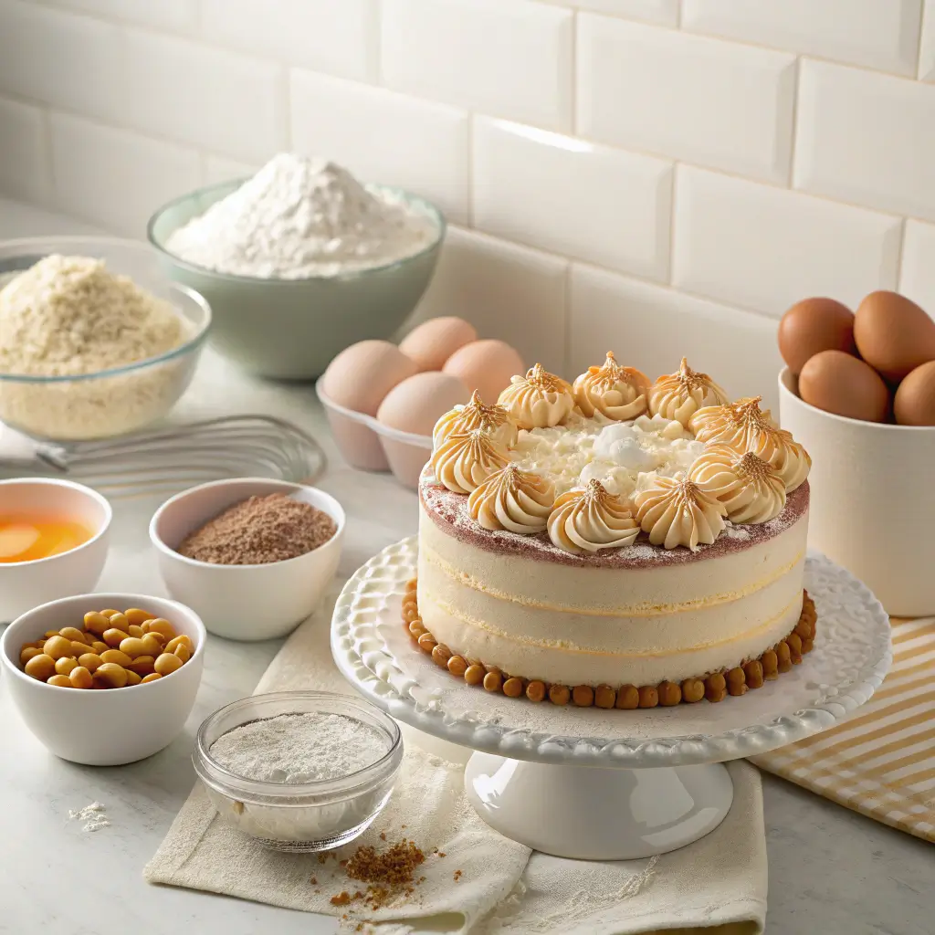 A beautifully decorated cake on a kitchen counter with baking ingredients in the background.