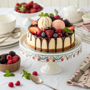 A beautifully served cake with toppings like fresh berries and ice cream on a dining table.