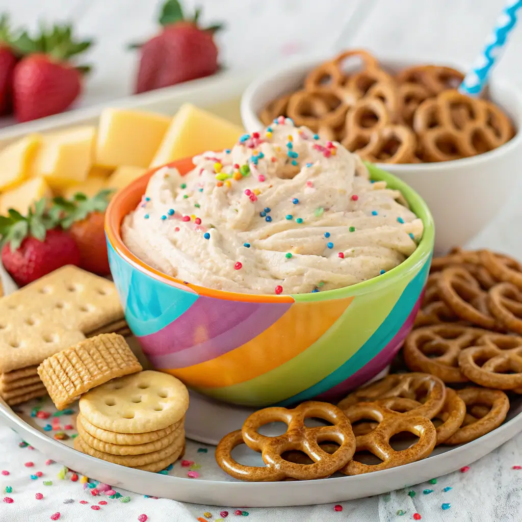 A bowl of Funfetti Cake Batter Dip with various dippers around it.