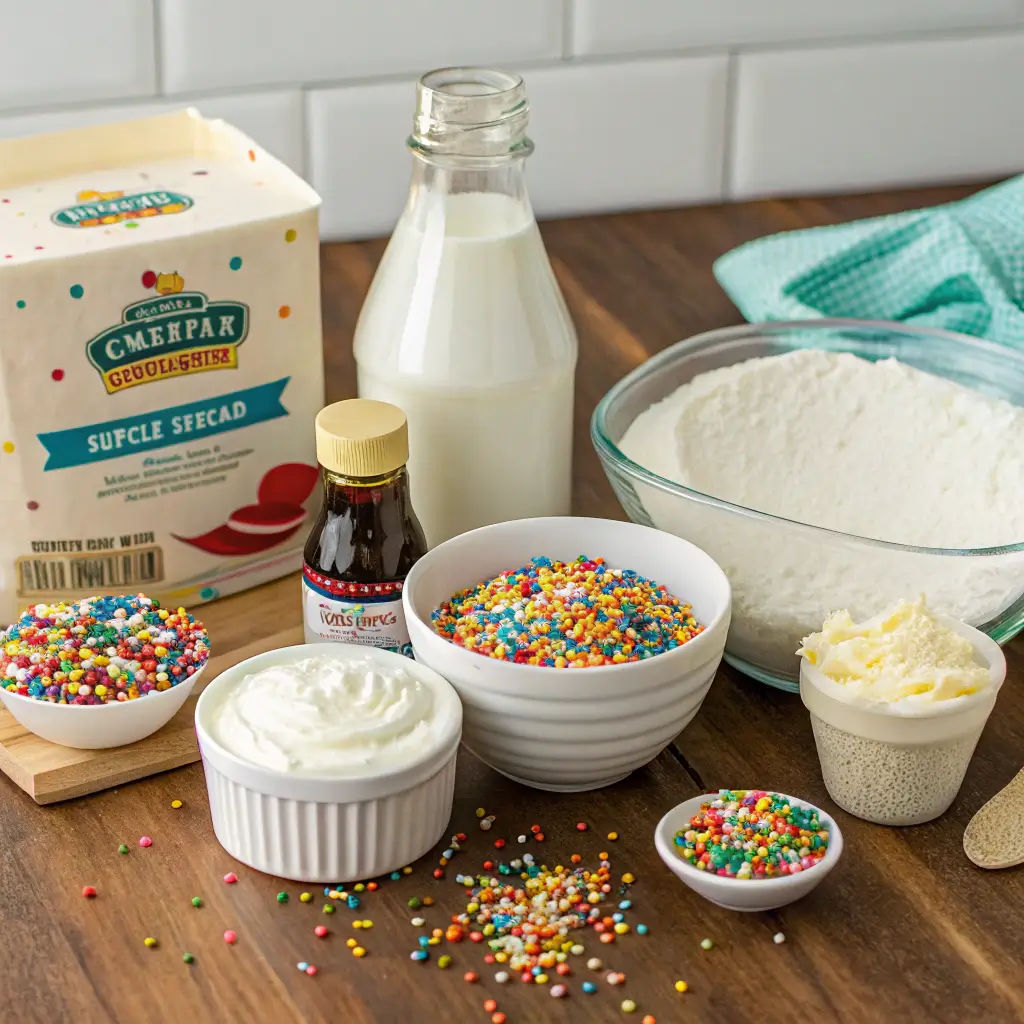 Ingredients for Funfetti Cake Batter Dip displayed on a kitchen counter.