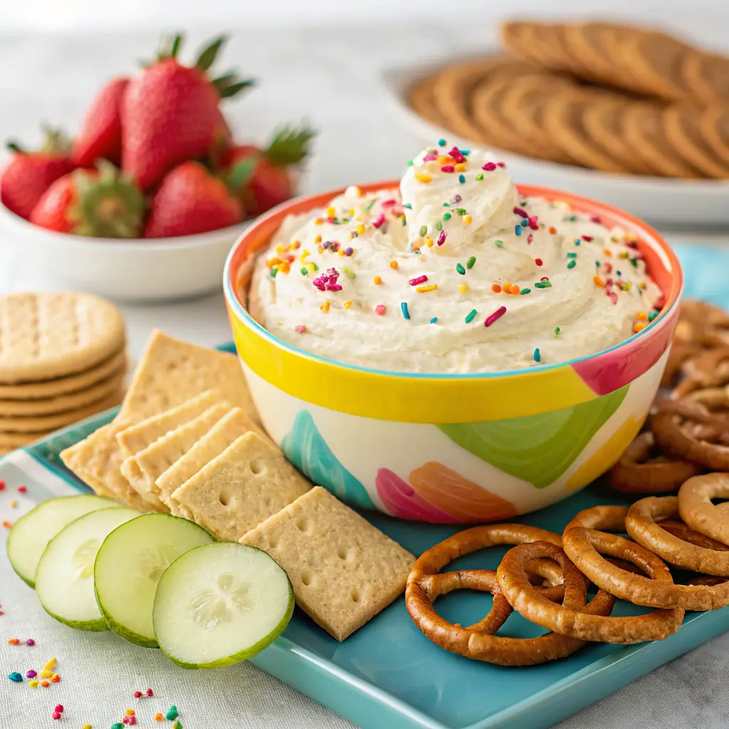 Different serving ideas for Funfetti Cake Batter Dip.