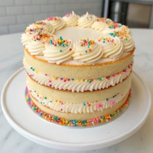 A beautifully decorated happiness cake with layers and colorful sprinkles.