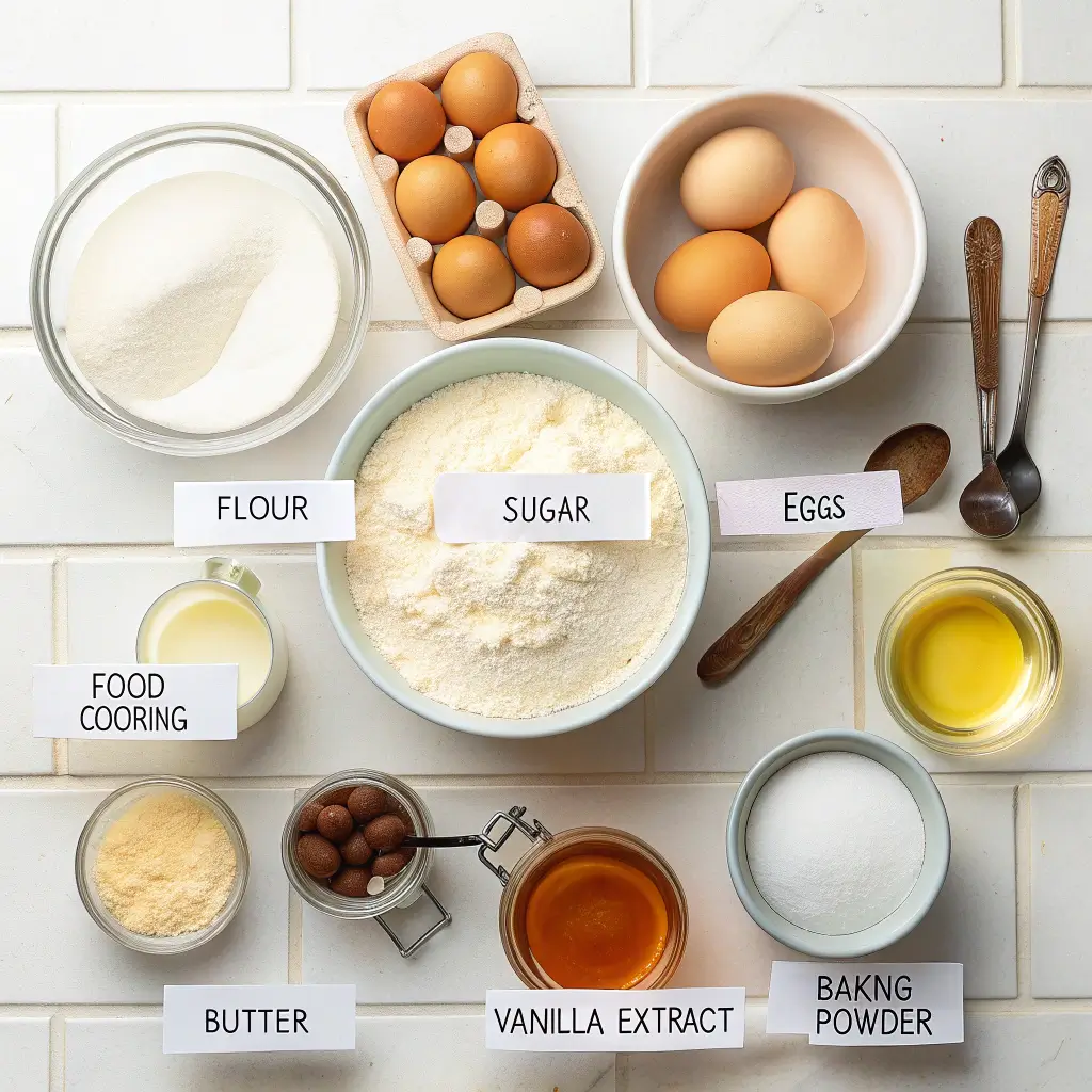 Ingredients for happy cake including flour, sugar, eggs, and more.