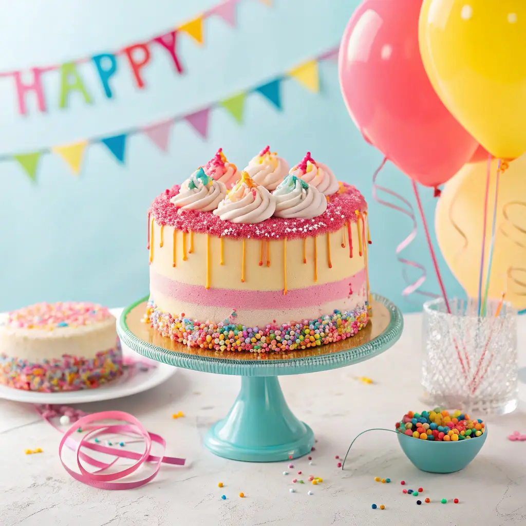 A beautifully decorated happy cake with colorful sprinkles and frosting.