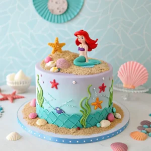 Little Mermaid birthday cake served with ocean-themed cupcakes and fruit skewers.