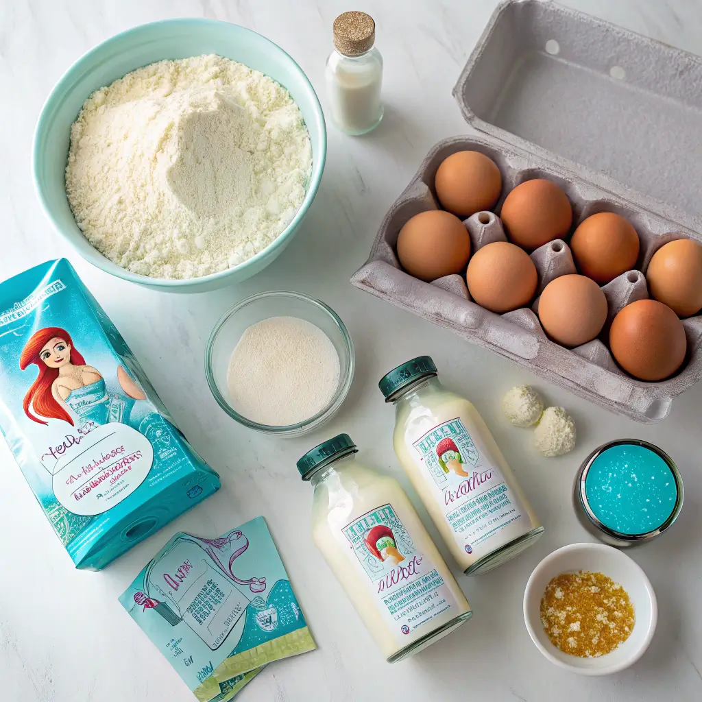 Ingredients for Little Mermaid Birthday Cake displayed on a kitchen counter.