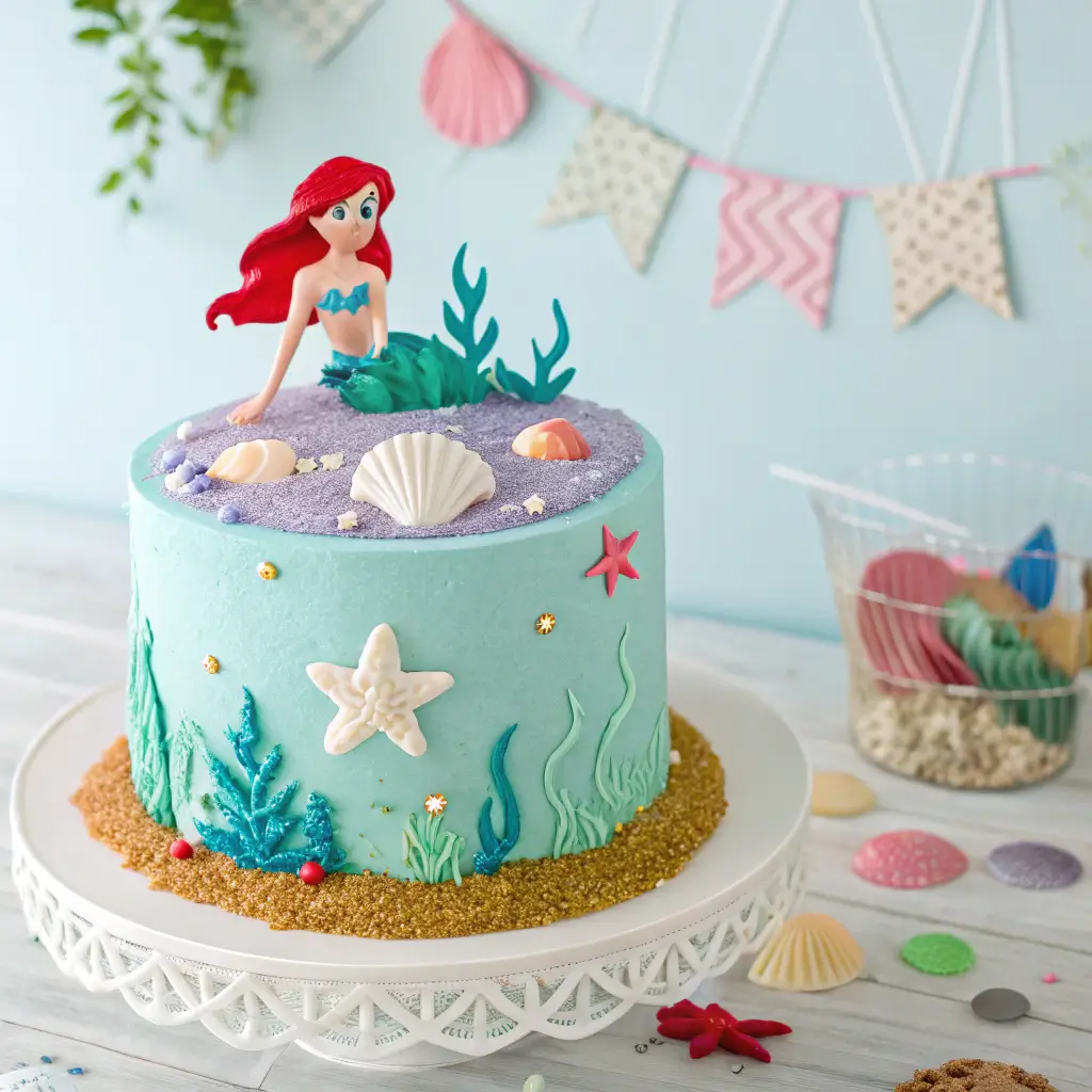 A beautifully decorated Little Mermaid birthday cake with ocean-themed decorations.