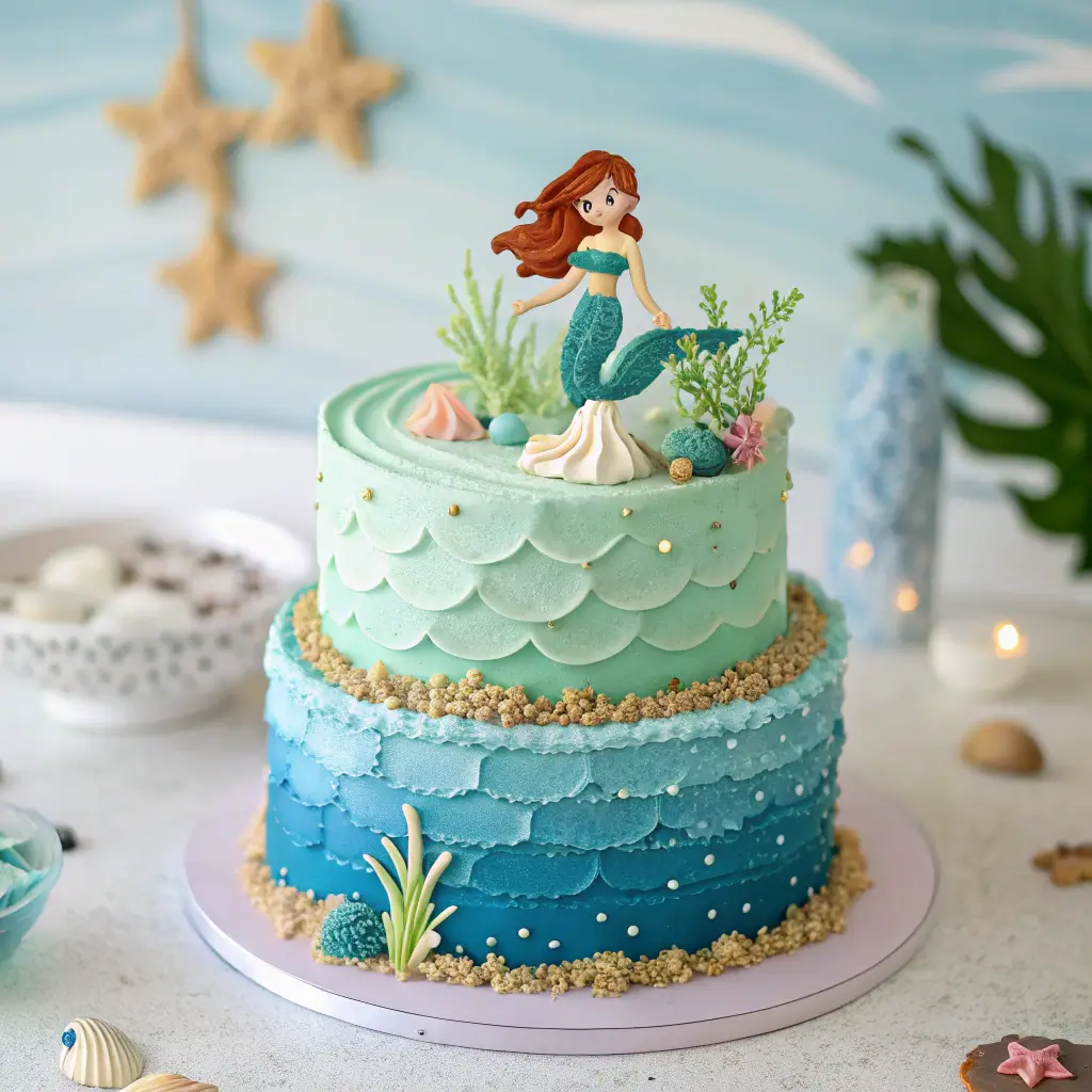 A beautifully arranged dessert table featuring a mermaid birthday cake and themed treats.