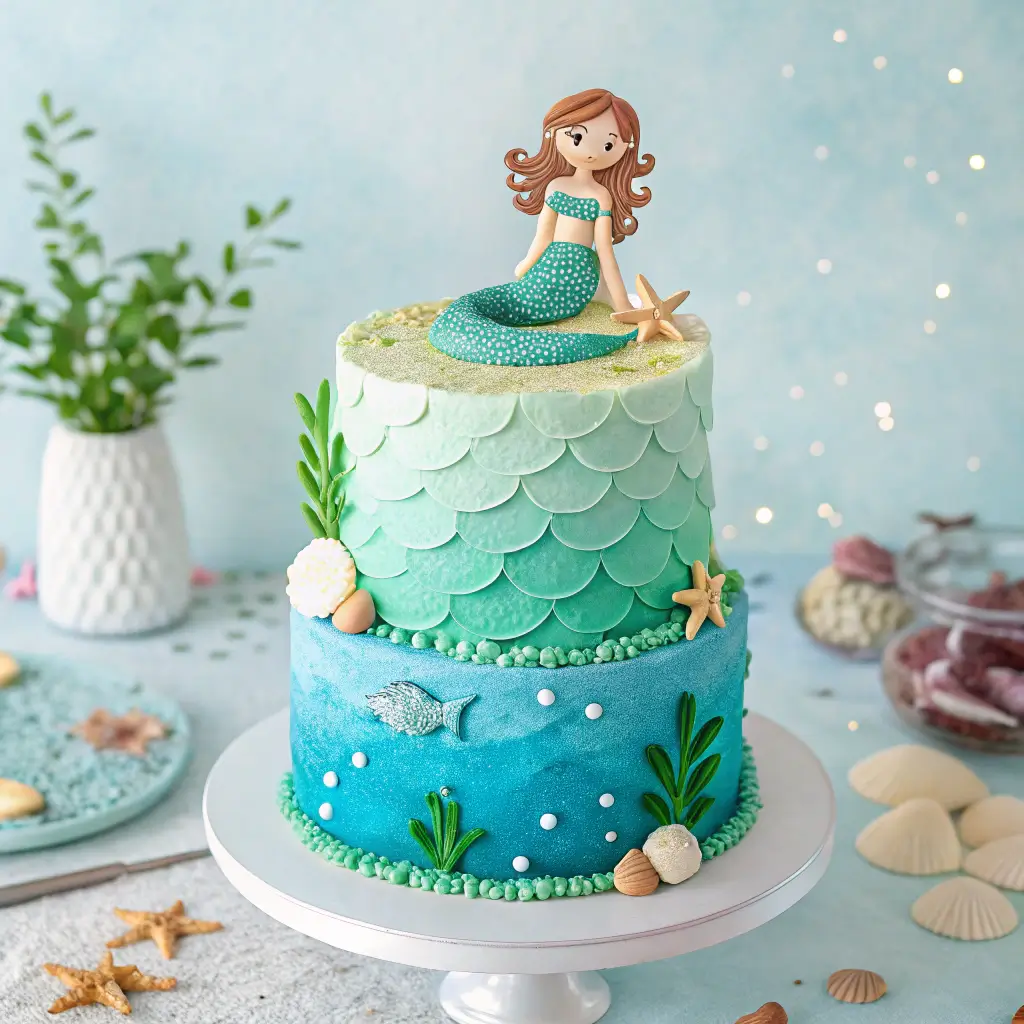 A stunning mermaid birthday cake with blue and green frosting, decorated with edible glitter and mermaid toppers.
