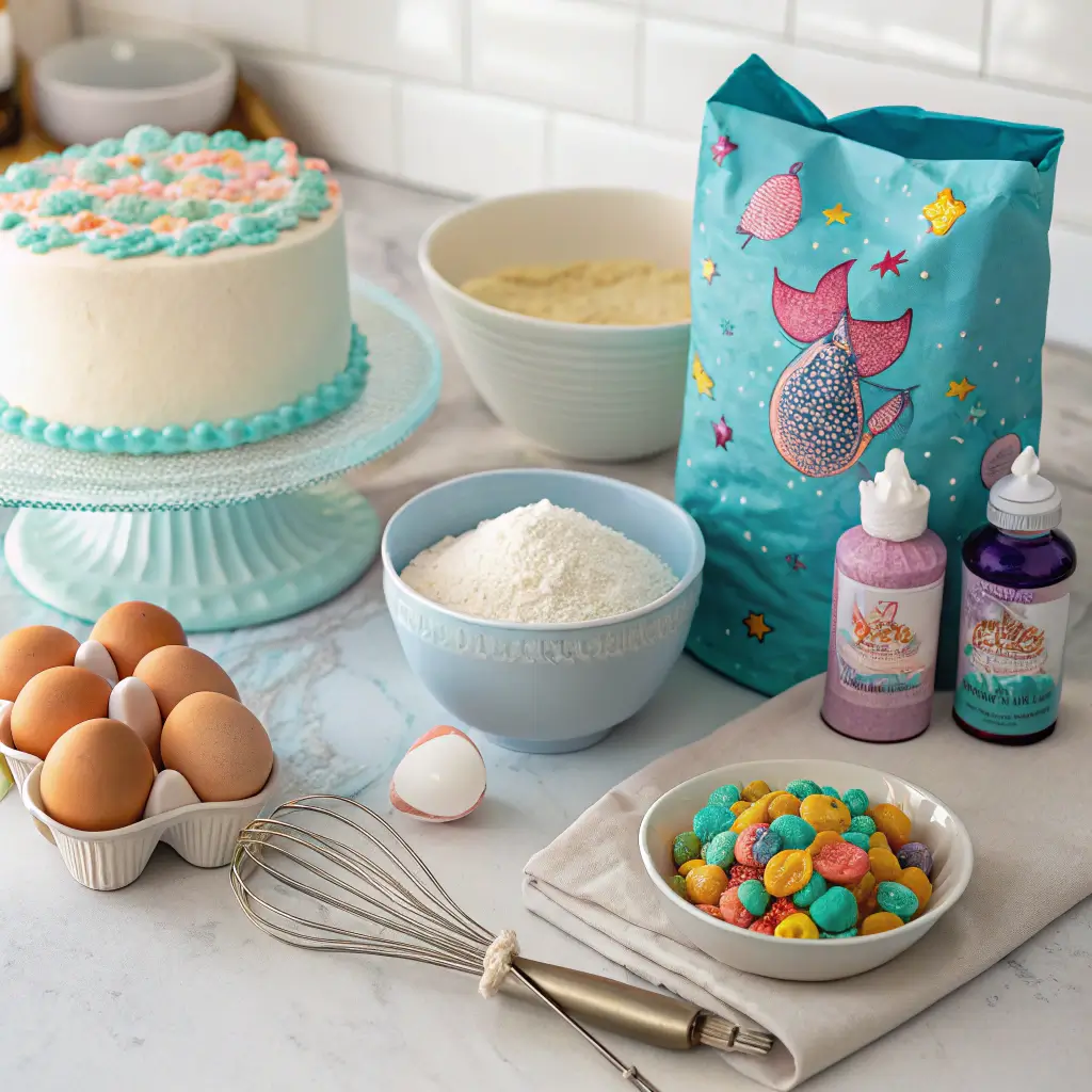 Ingredients for a mermaid birthday cake including flour, sugar, eggs, and food coloring.