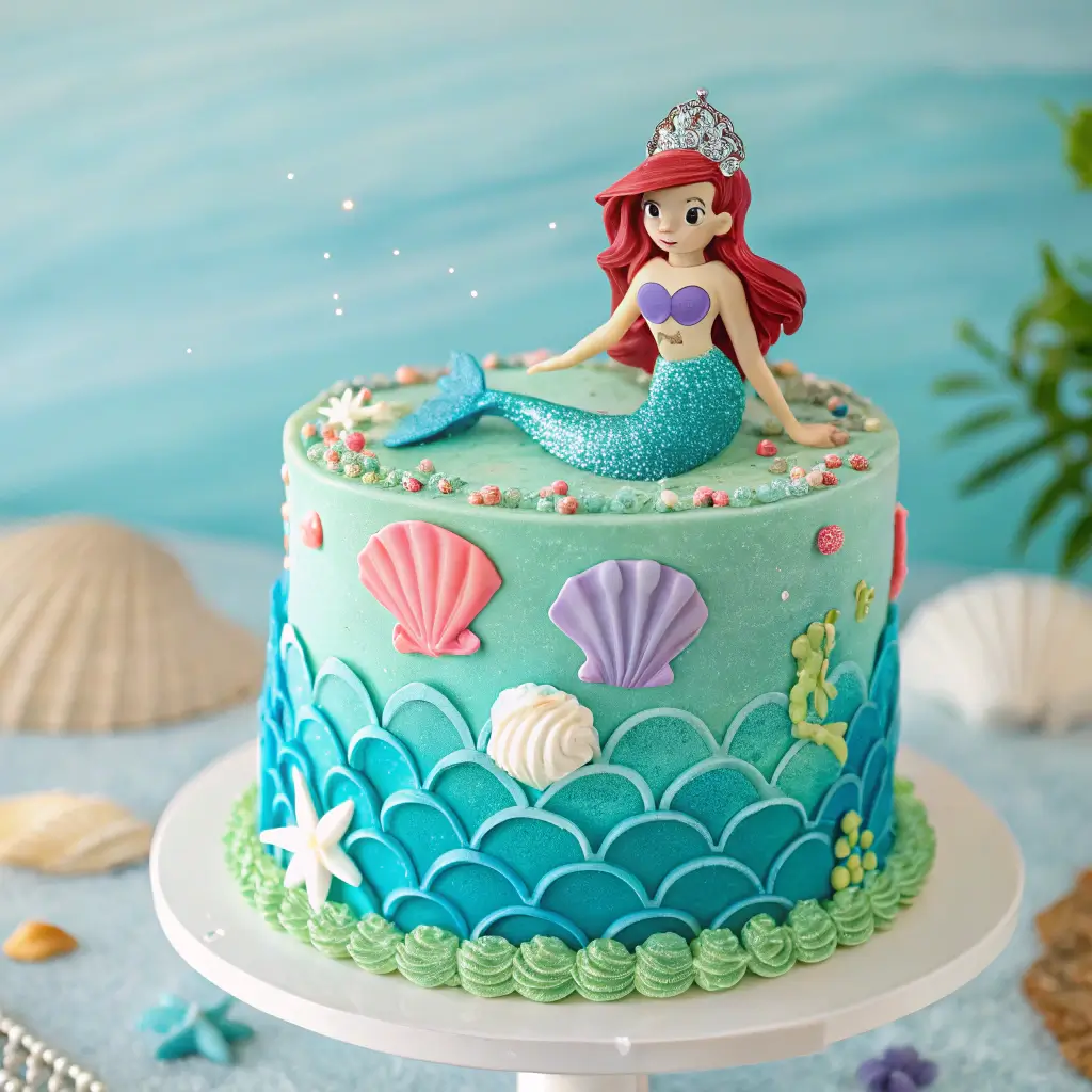 Serving suggestions for mermaid birthday cakes with colorful plates and garnishes.