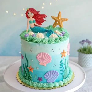 A beautifully decorated mermaid birthday cake with ocean-themed decorations.