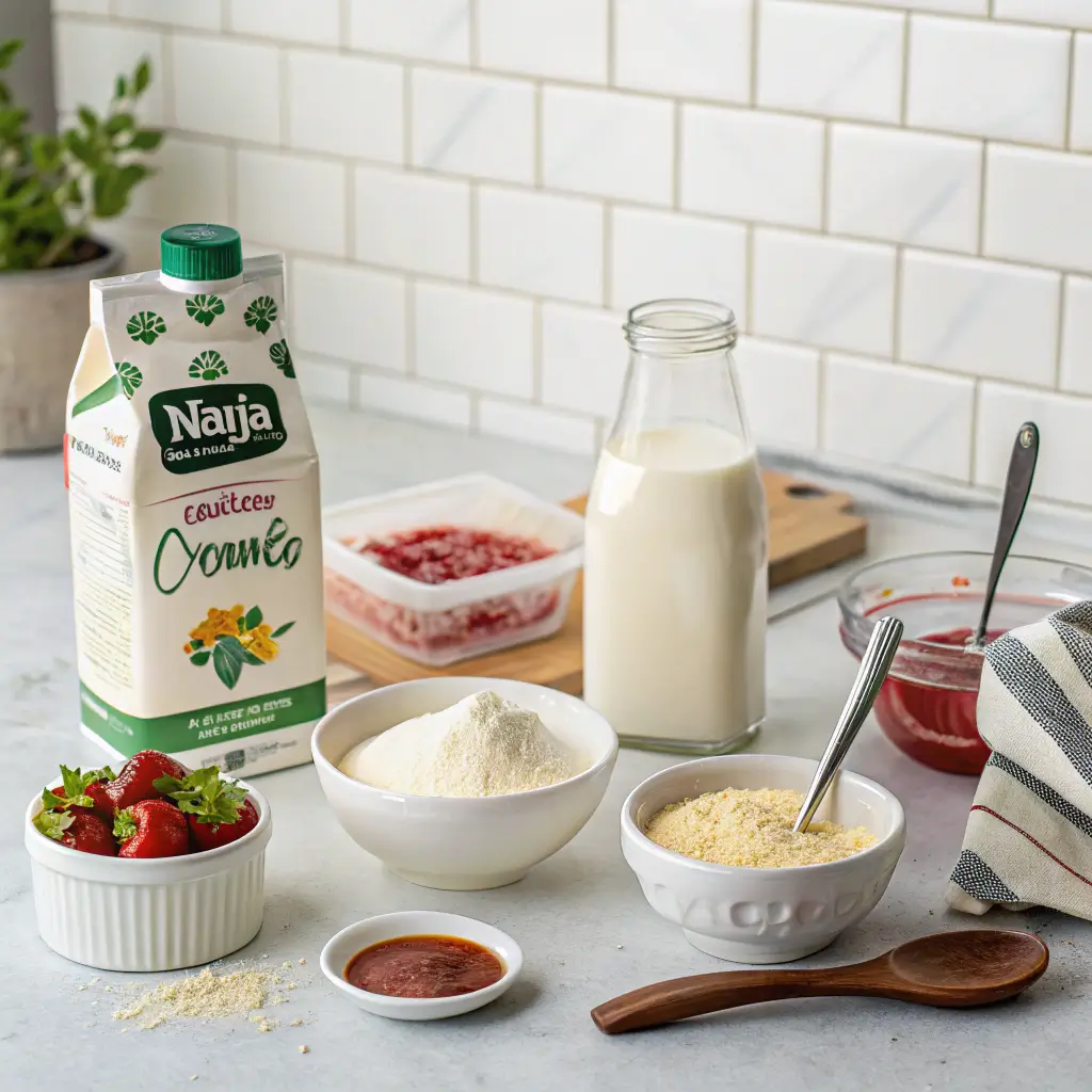 Ingredients for Ninja Creami recipe including heavy cream, milk, and fruit puree.
