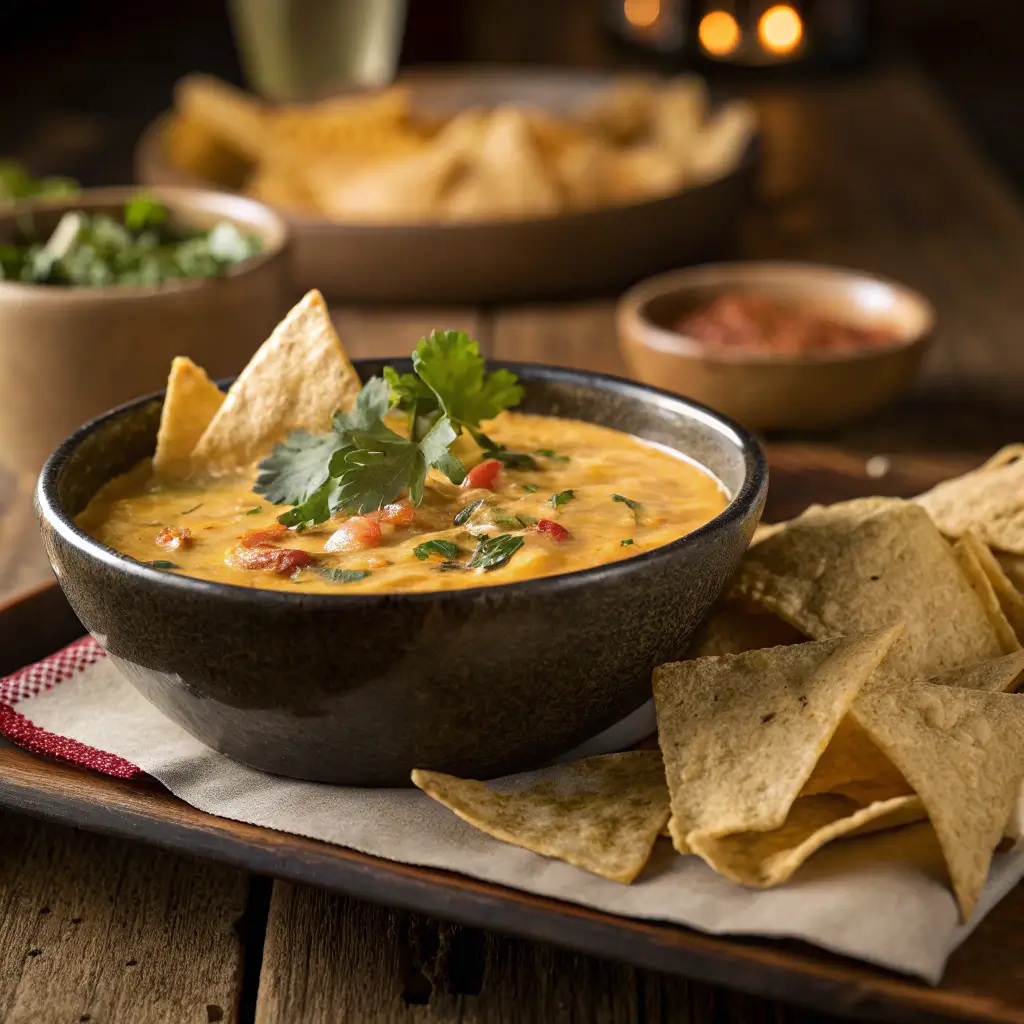 A bowl of Velveeta queso served with tortilla chips and garnished with cilantro.