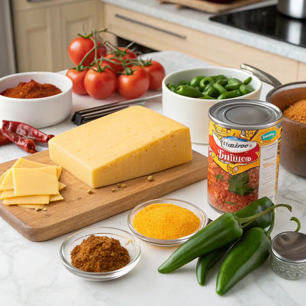 Ingredients for Velveeta queso including Velveeta cheese, Rotel tomatoes, and spices.