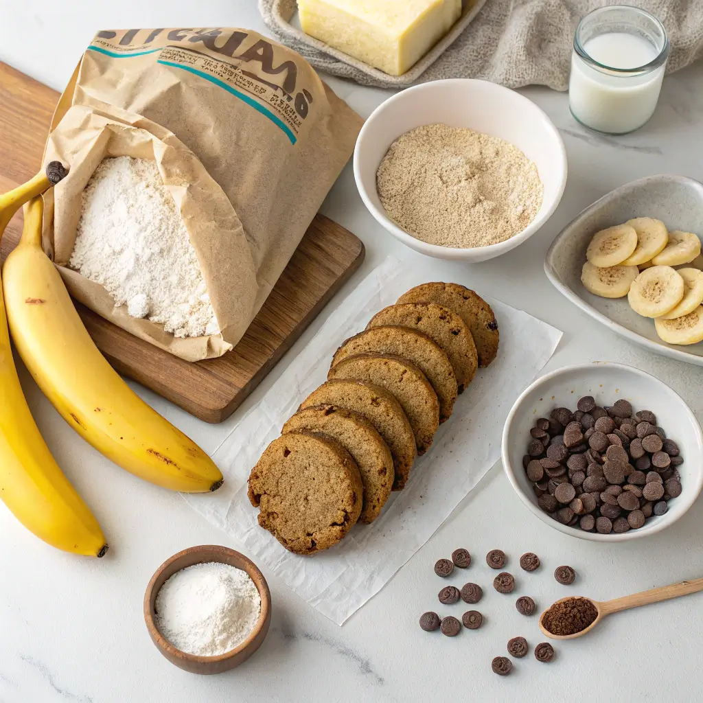 Ingredients for banana bread cookies displayed on a kitchen counter.