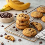 Freshly baked banana bread cookies cooling on a rack.