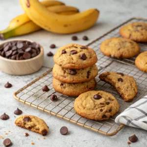 Freshly baked banana bread cookies cooling on a rack.
