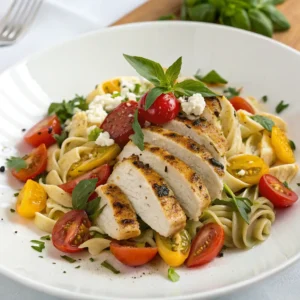 A beautifully plated chicken pasta salad with colorful vegetables and dressing.