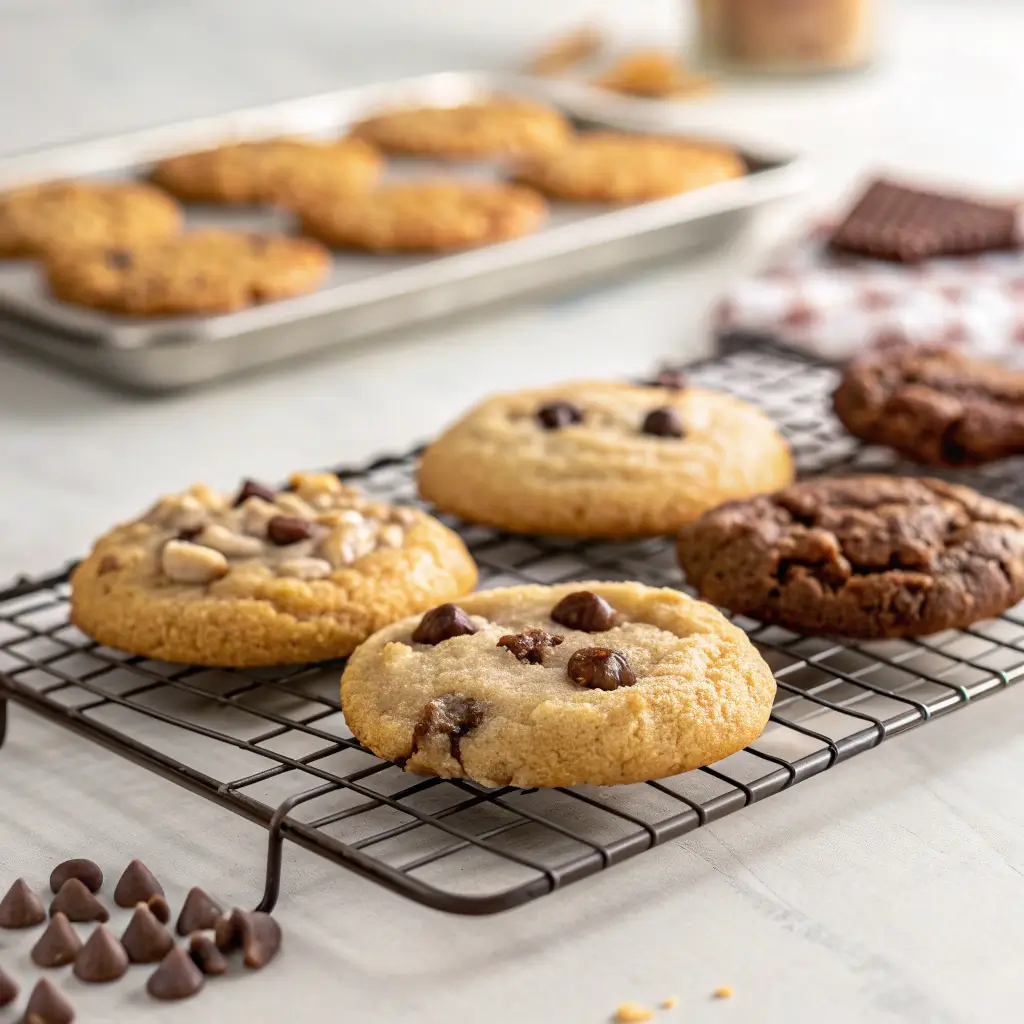 Freshly baked Crumbl cookies cooling on a rack.
