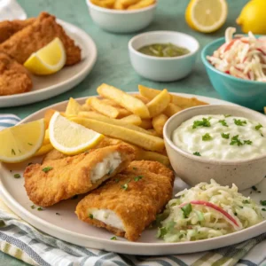 Serving suggestions for fried cod fish with various sides.