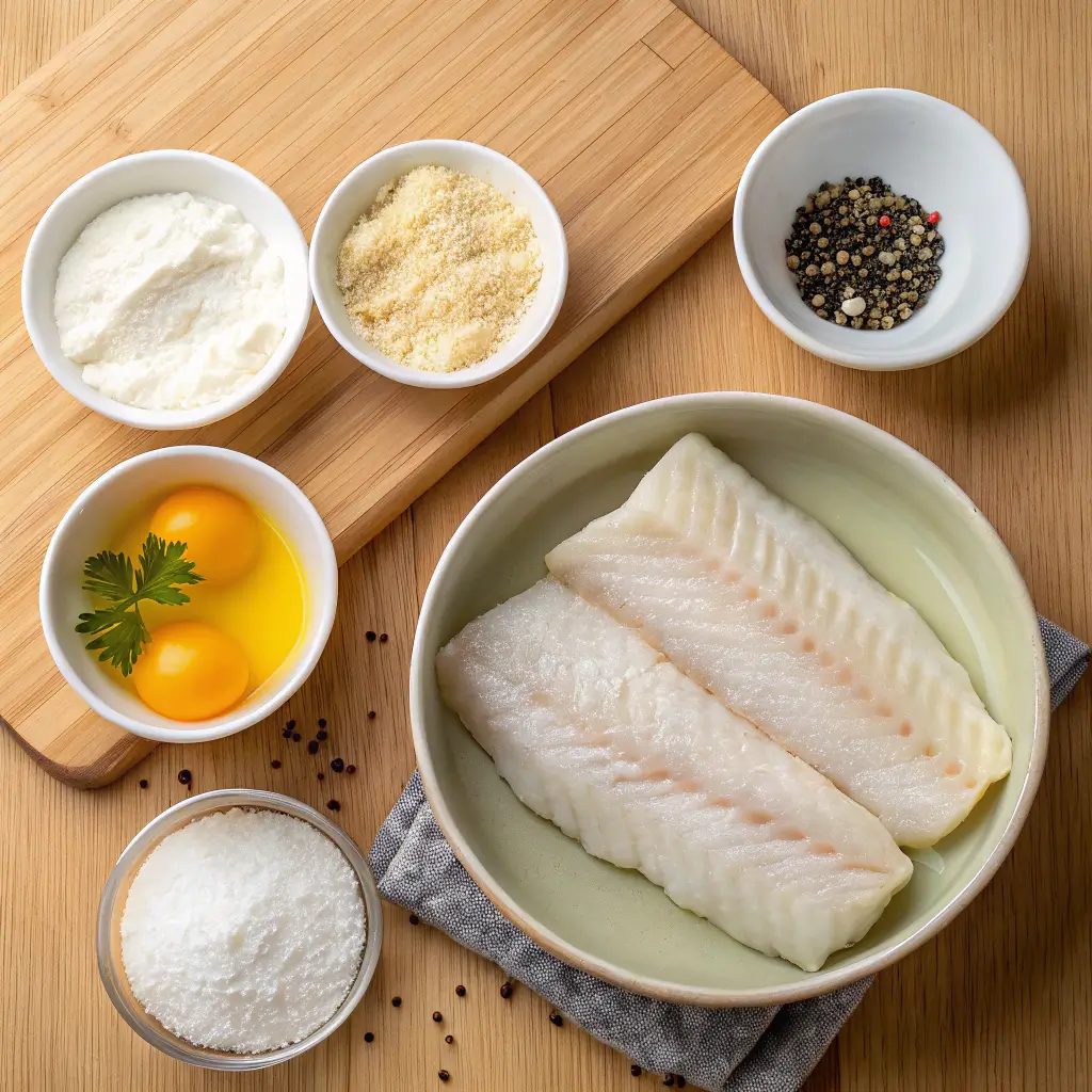 Ingredients for fried cod fish recipes displayed on a kitchen counter.