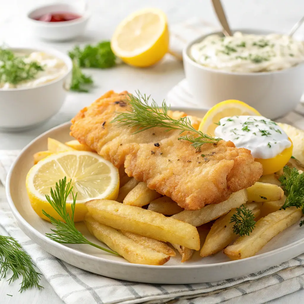 Deliciously crispy fried cod fish served with lemon and tartar sauce.