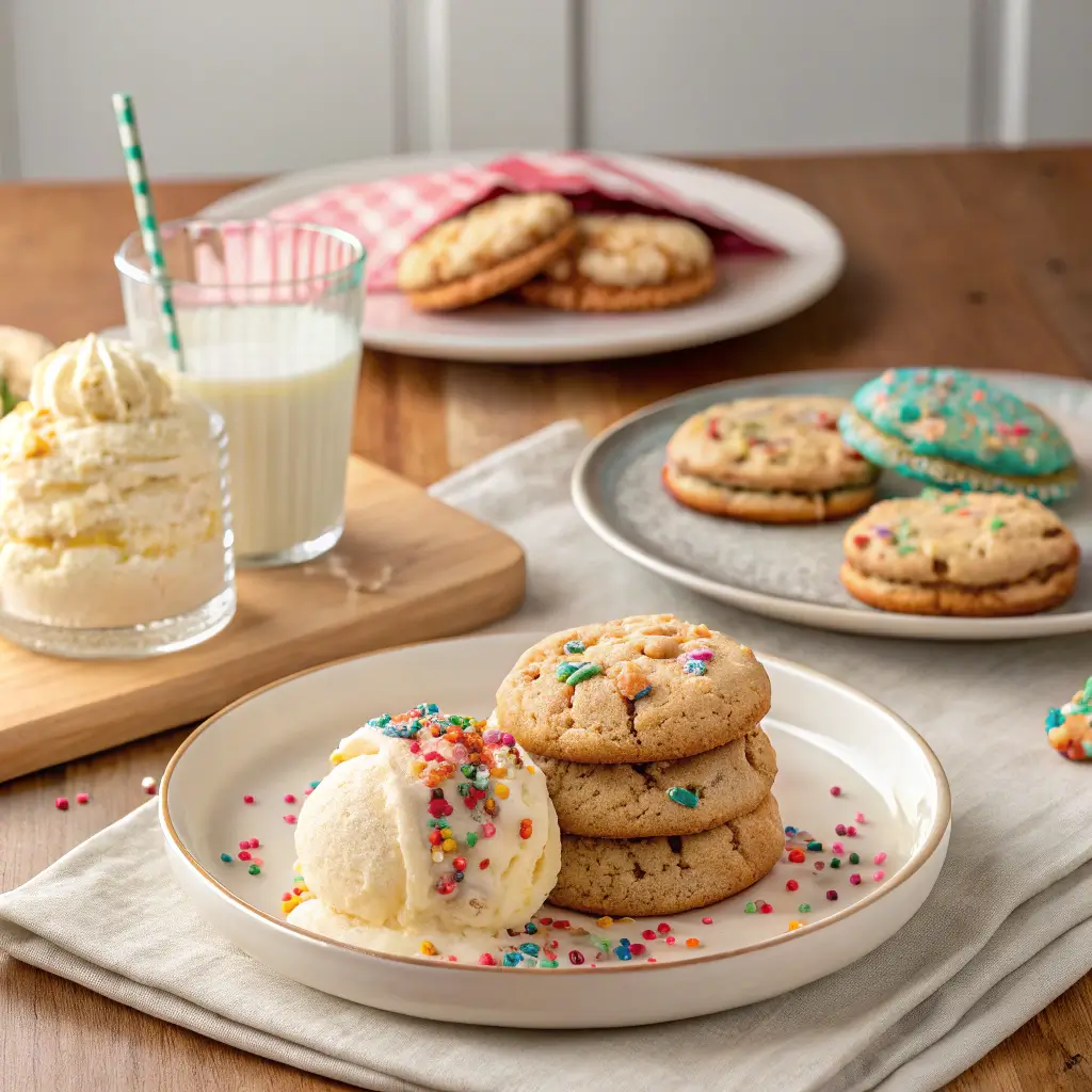 Different serving suggestions for funfetti cake batter cookies, including ice cream and milk.