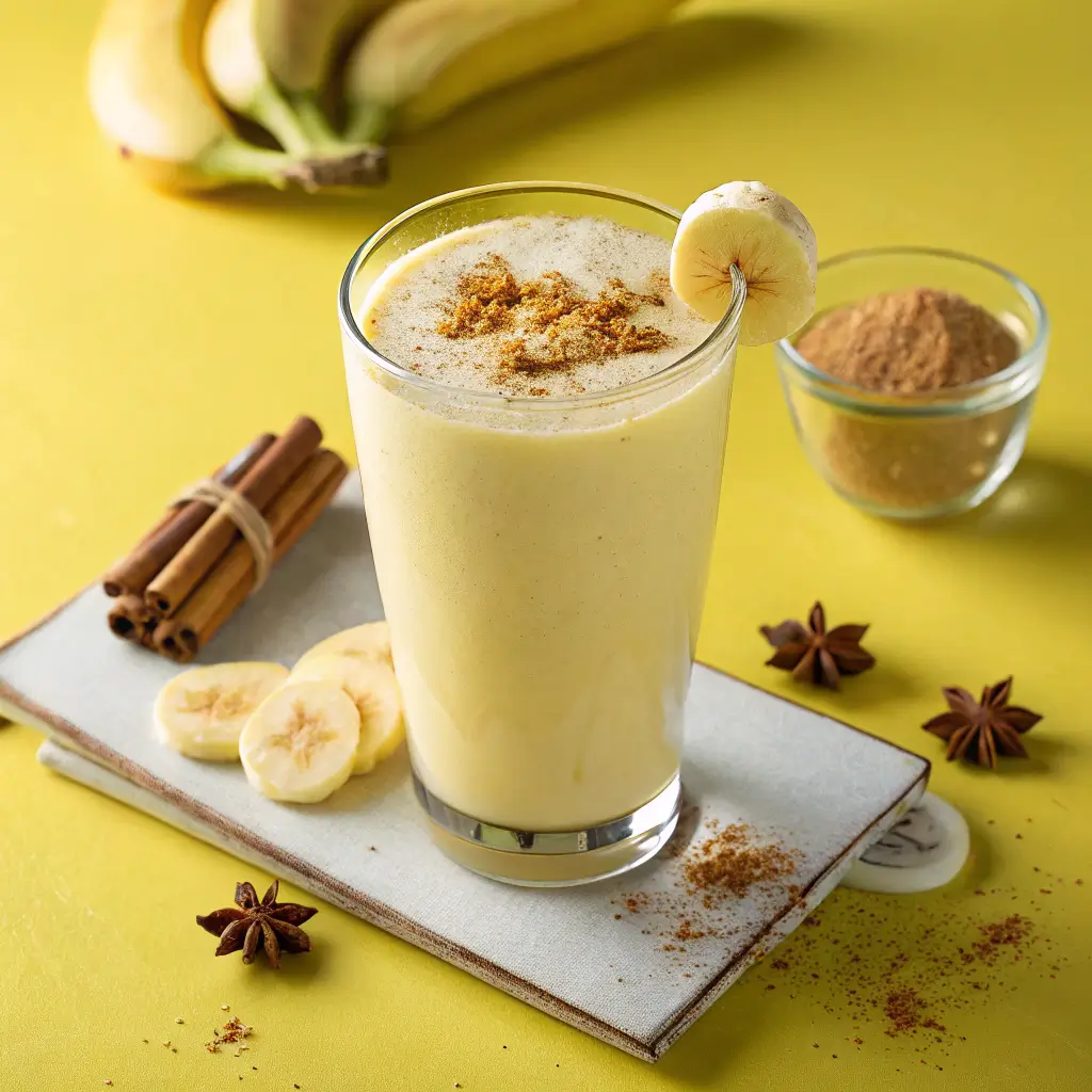 A refreshing Milk Banana Smoothie served in a glass with a banana slice on the rim.