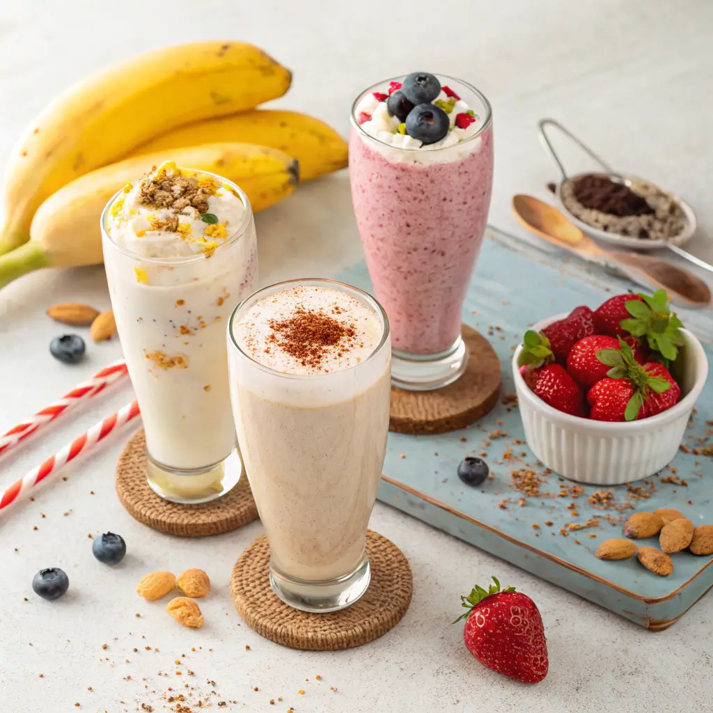 Different serving suggestions for Milk Banana Smoothie with garnishes.