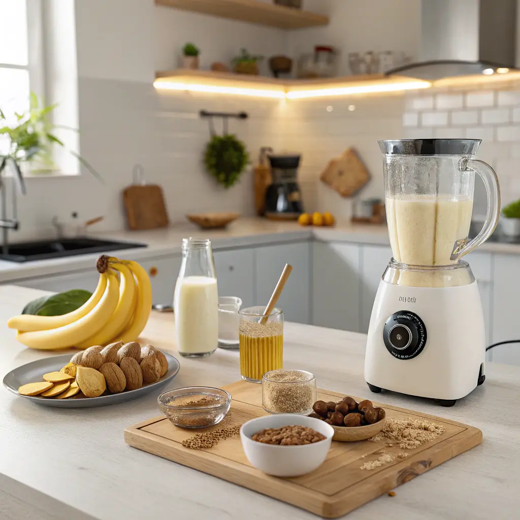 Ingredients and steps for making a Milk Banana Smoothie laid out on a kitchen counter.