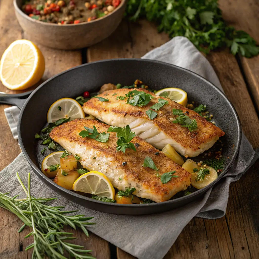 A deliciously plated pan-fried cod fillet garnished with herbs and lemon slices.