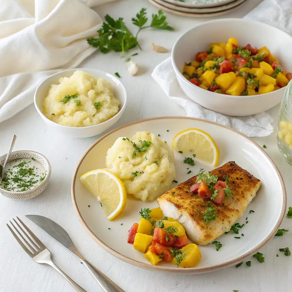 Serving suggestions for pan-fried cod with various sides.