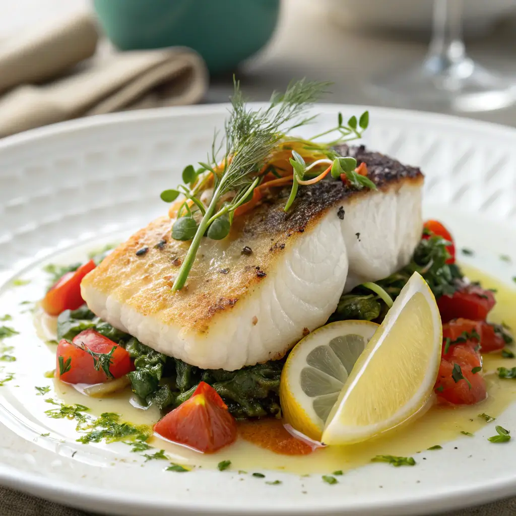 A stunning plate of pan-fried cod with herbs and lemon.