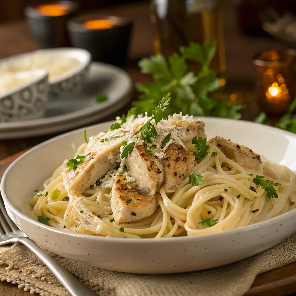 A beautifully plated Chicken Alfredo Pasta garnished with parsley and Parmesan cheese.