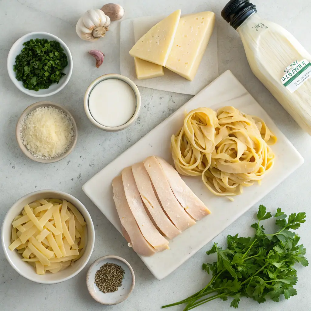 Ingredients for Chicken Alfredo Pasta displayed on a kitchen countertop.