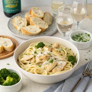 Serving suggestions for Chicken Alfredo Pasta including garnishes and side dishes.