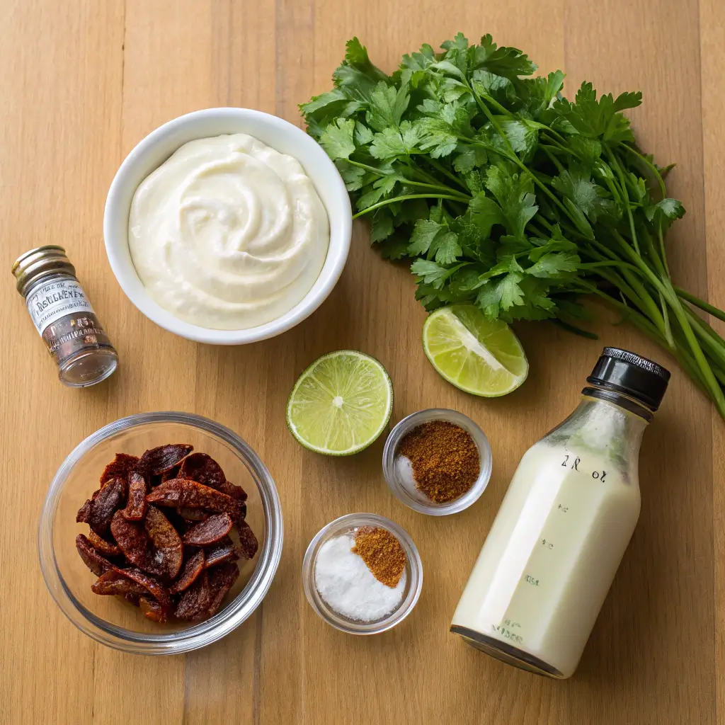 Ingredients for chipotle crema displayed on a wooden table.