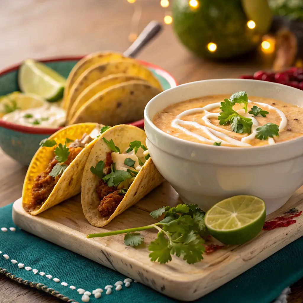 Bowl of chipotle crema served with tacos and garnished with cilantro and lime.