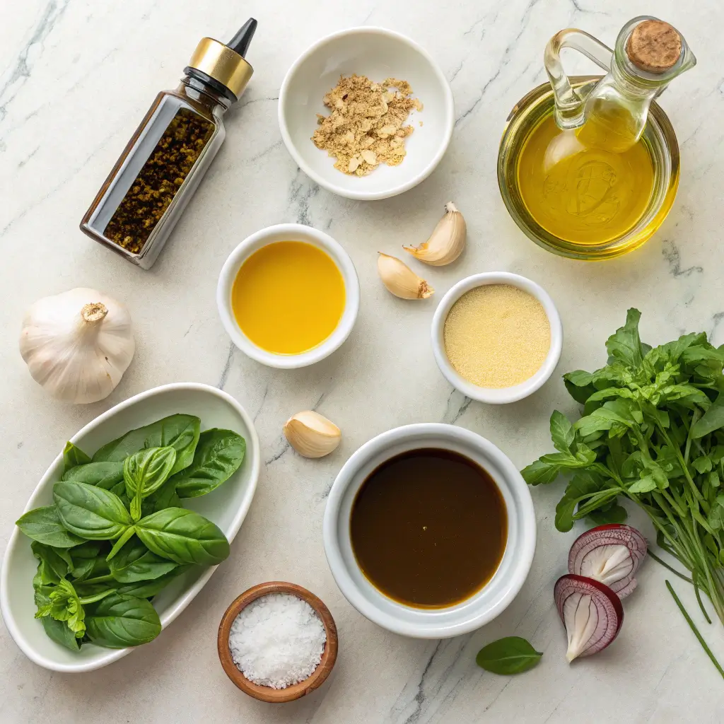 Key ingredients for creamy balsamic vinaigrette displayed on a kitchen countertop.