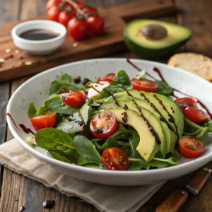 A fresh garden salad topped with creamy balsamic vinaigrette, showcasing colorful vegetables and greens.