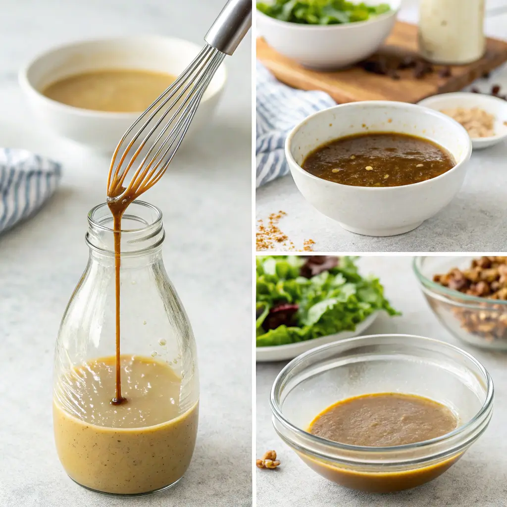Step-by-step process of making creamy balsamic vinaigrette, from measuring ingredients to whisking and storing.