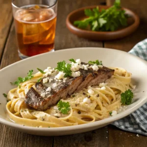 Plated creamy cajun steak alfredo with garnishes.