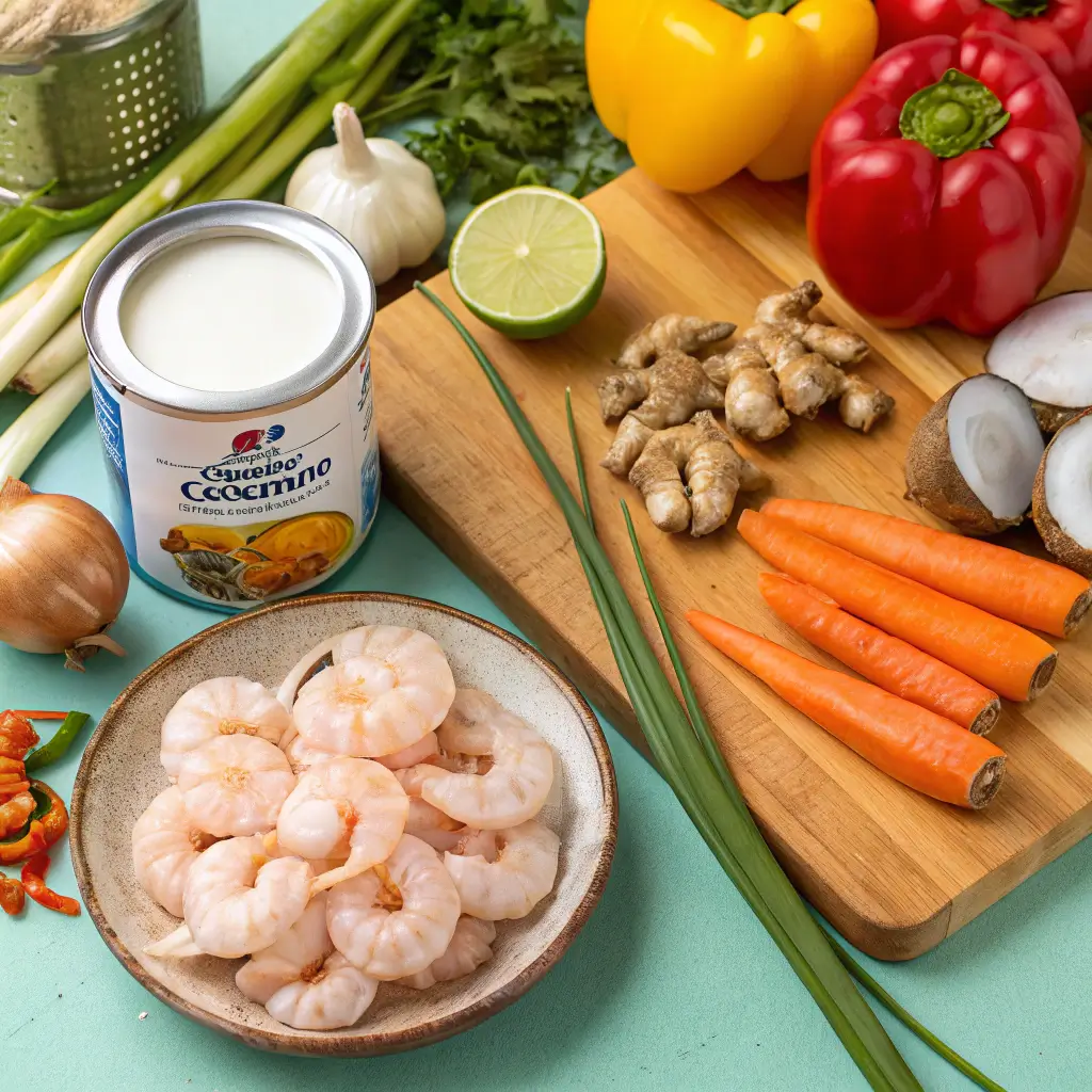 Ingredients for creamy coconut shrimp laid out on a wooden countertop, including shrimp, coconut milk, garlic, ginger, and vegetables.