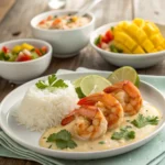 Creamy coconut shrimp served with jasmine rice, steamed vegetables, and garnishes.