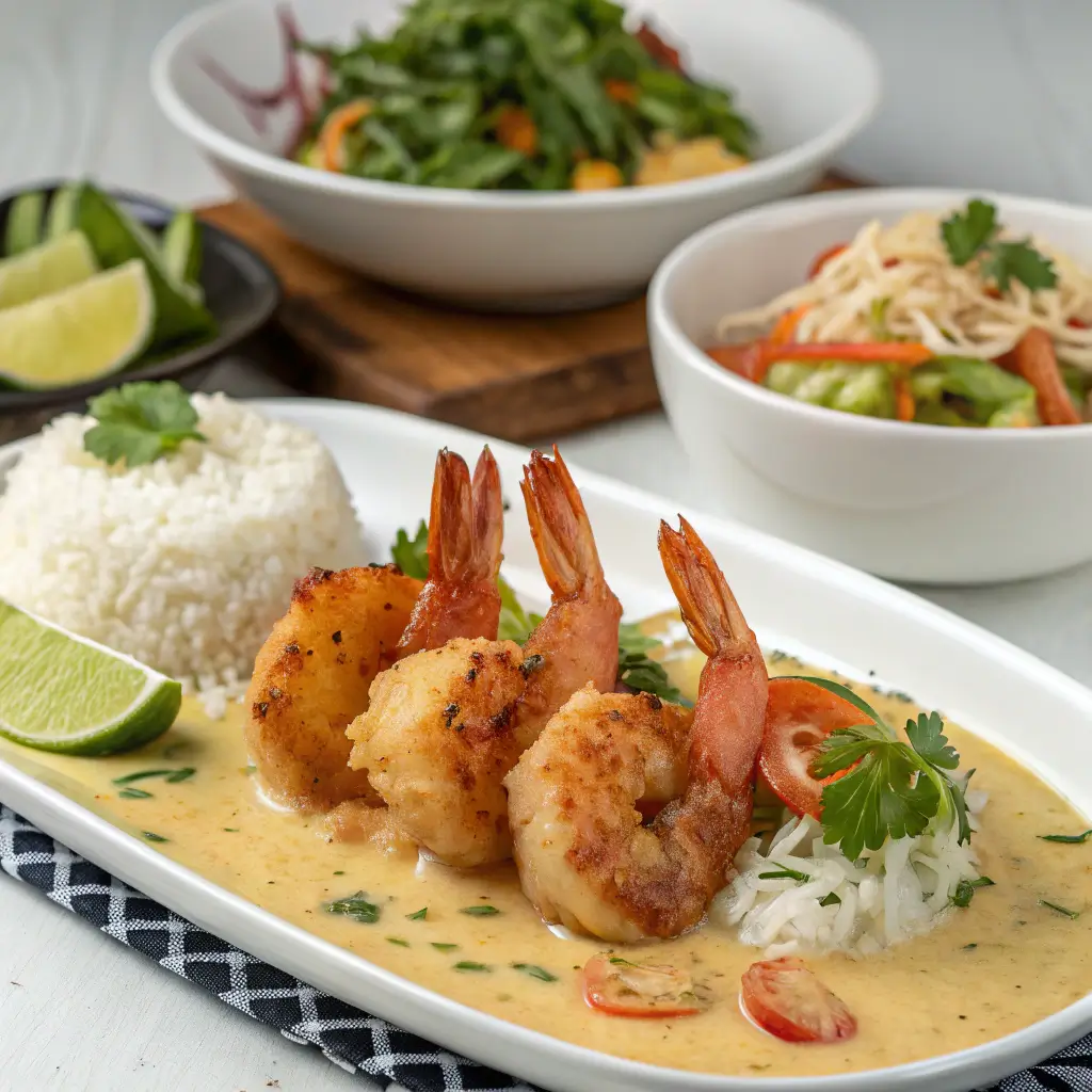 A plate of creamy coconut shrimp served over fluffy rice, garnished with cilantro and lime wedges.