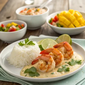 Creamy coconut shrimp served with jasmine rice, steamed vegetables, and garnishes.