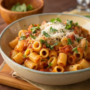 A delicious bowl of ditalini pasta topped with cheese and herbs.