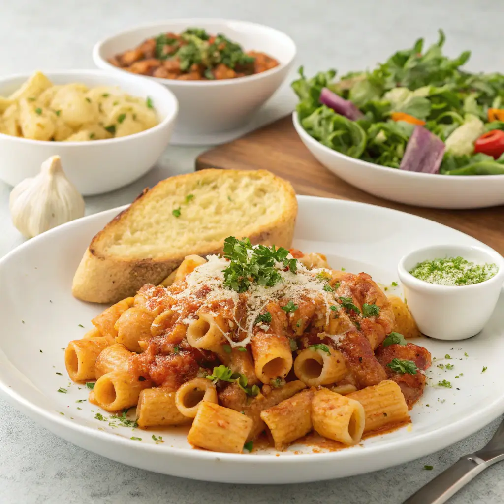 Serving suggestions for ditalini pasta with garnishes and sides.