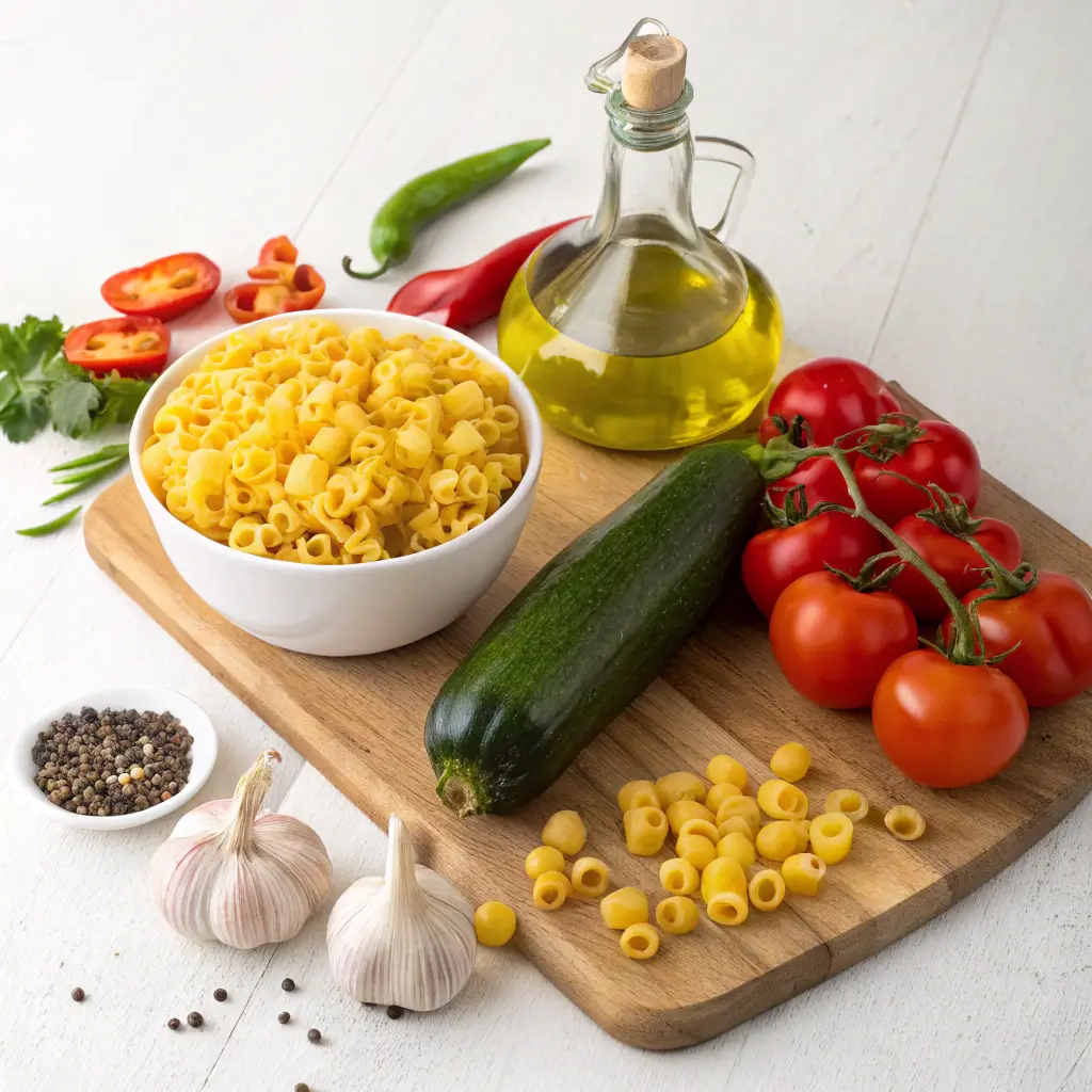 Ingredients for ditalini pasta recipe displayed on a wooden table.